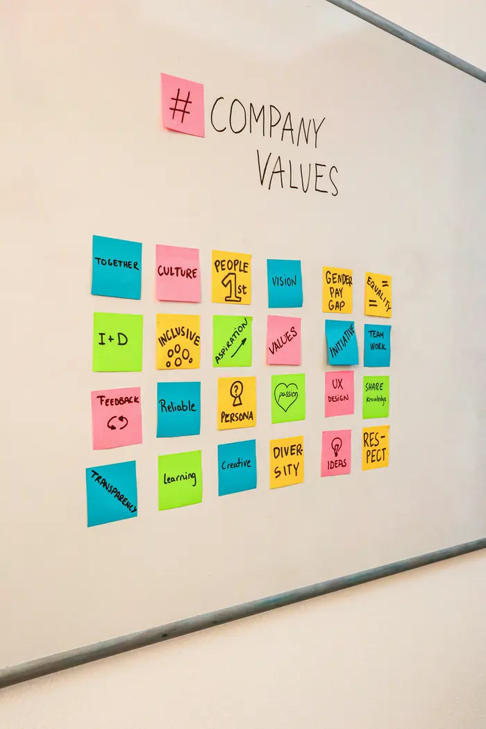 Wall of sticky notes reading “Company Values”: culture, diversity, feedback, transparency, the values an employer brand is built on