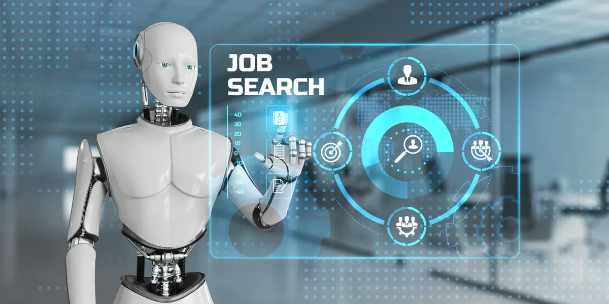 A humanoid robot browsing a “Job Search” interface, illustrating AI-automated outreach